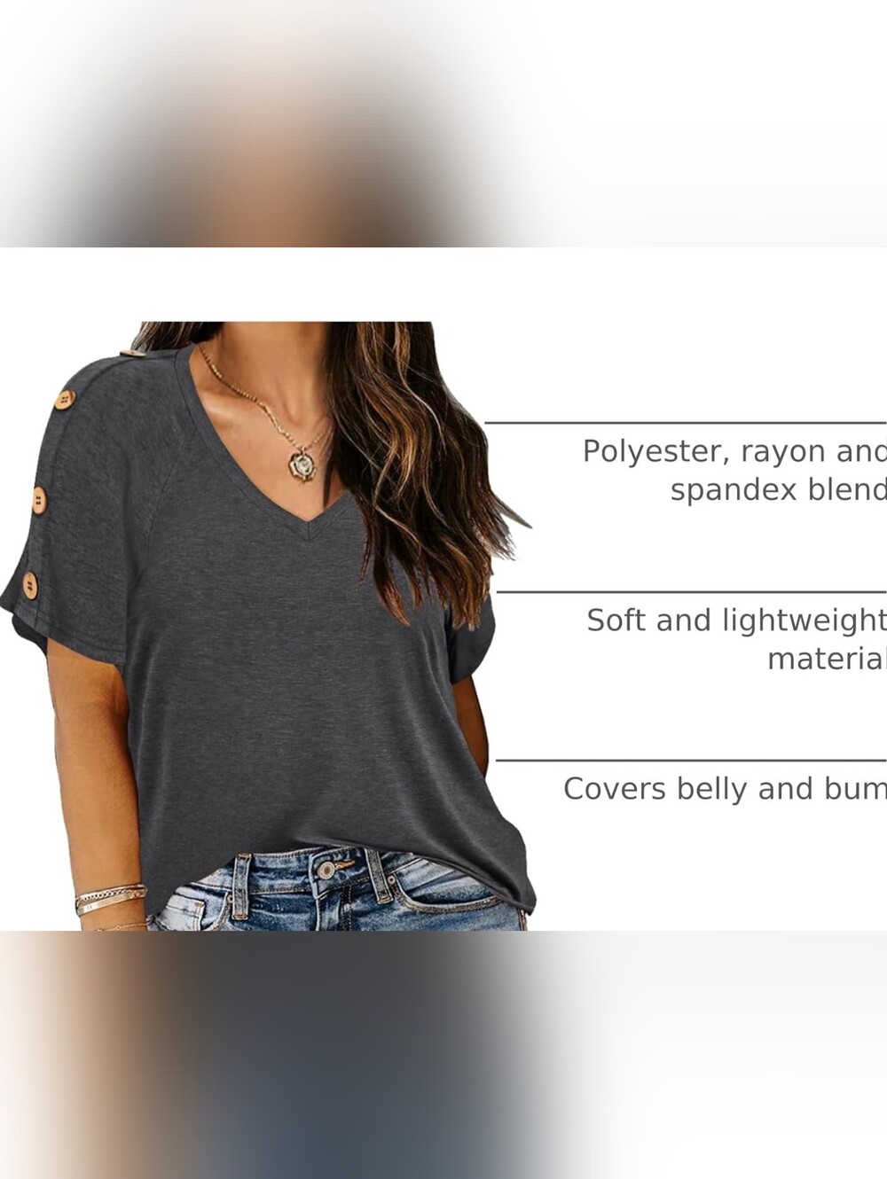 Short Sleeve Button V-neck Tunic Dark Grey Xl - Picture 4 of 4